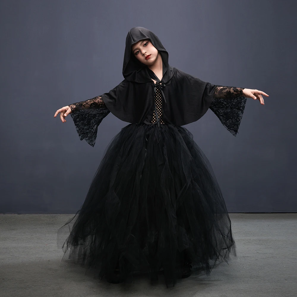 

Kids Hooded Halloween Witch Costume For Girls Medieval Renaissance Retro Gown Tutu Dress Children Role Play Party Cosplay Outfit