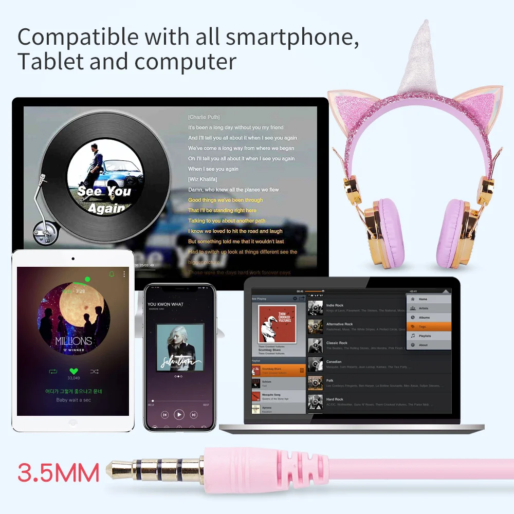 Проводная гарнитура с микрофоном детские наушники Единорог проводом проводная