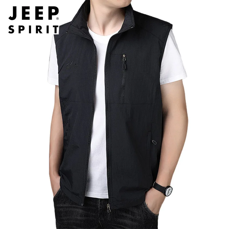 

JEEP SPIRIT Men Fashion Vests Spring Autumn Simple Casual Lightweight Loose Sleeveless Collar Waistcoat Sports Breathable Coat