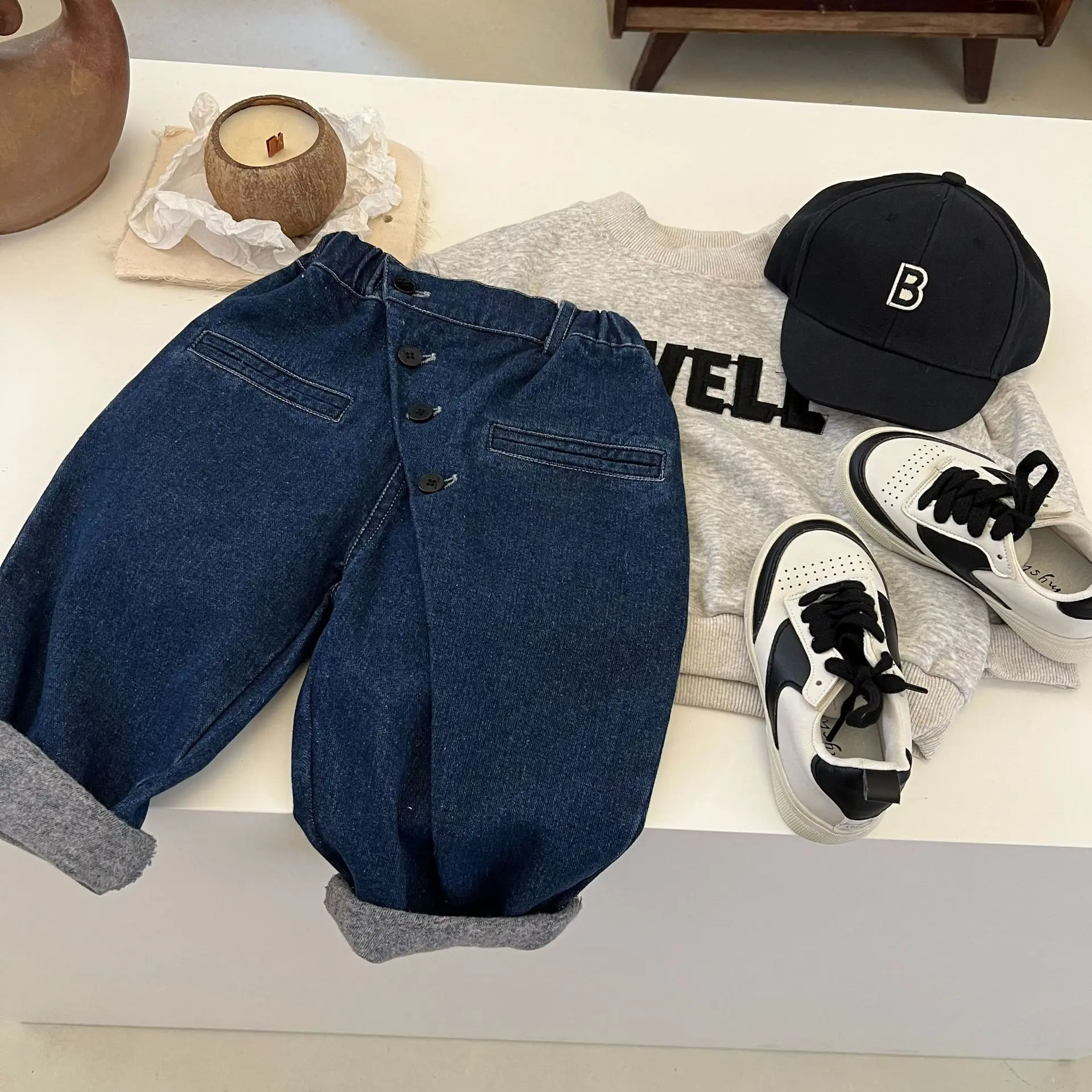 

Children's Pants 2022 Autumn New Boys Girls Personality Brushed Jeans Baby Oblique Button Trousers