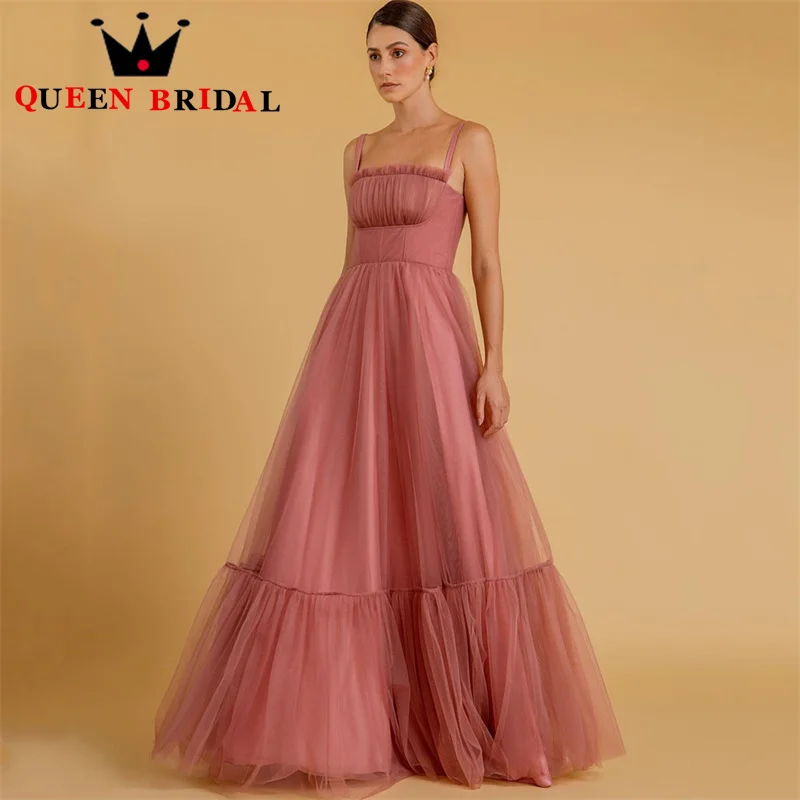 

Tulle A Line Elegant Long Prom Dresses Spaghetti Strap Pleats Tiered Women Formal Evening Gowns فستان حفلة موسيقية Custom C69X