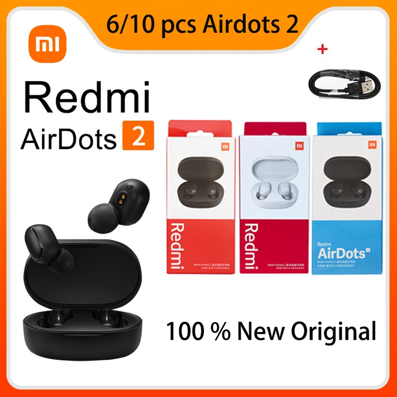 

6/10 pieces Original Xiaomi Redmi Airdots 2 Headset TWS True Wireless Bluetooth Earphone With Mic Earbuds Auto Link AI Control