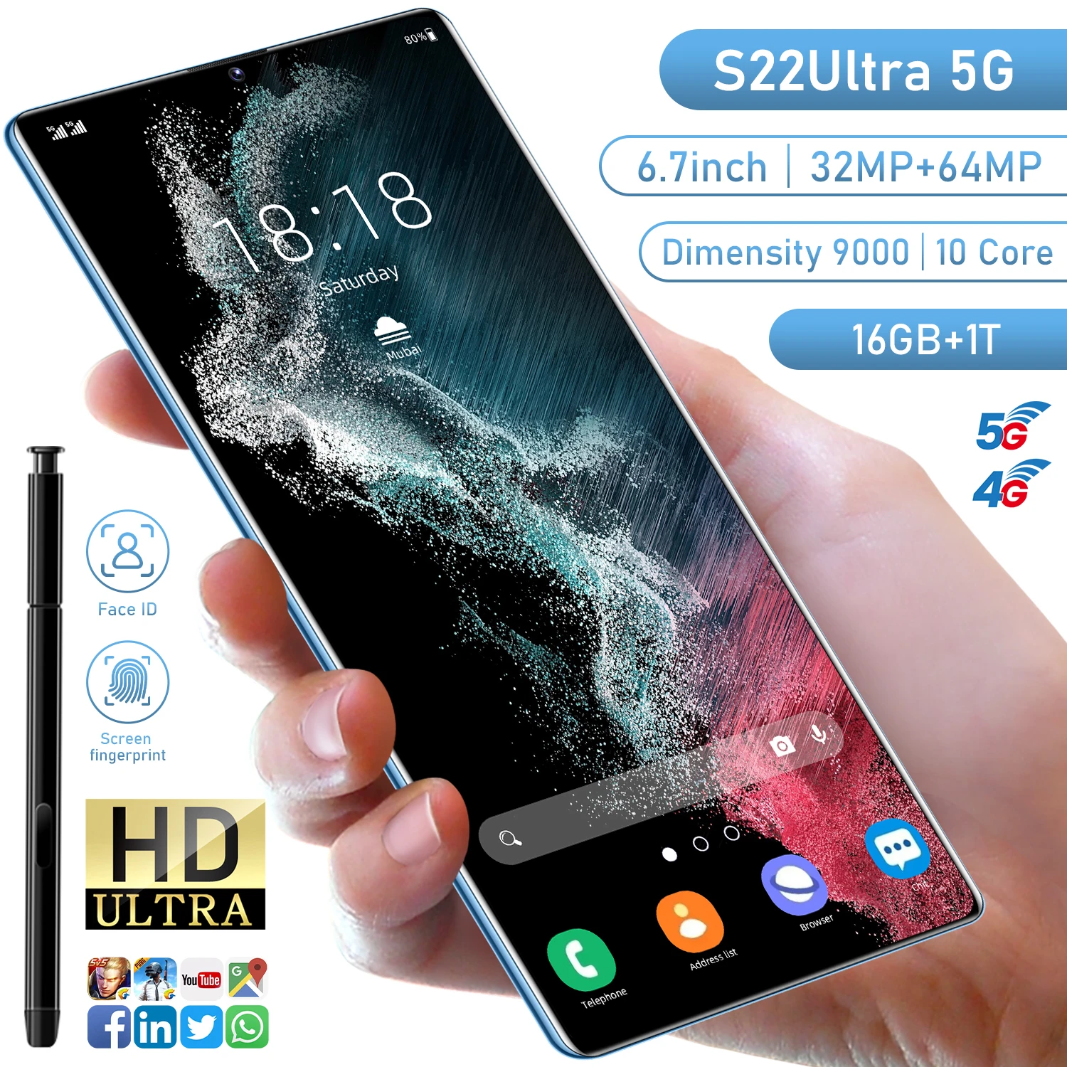 

Global Version S22 Ultra SmartPhone 16gb Ram Phone Andriod Unlocked Mobile Phones 6.7 Inches Celular 64MP HD Camera 5G Telephone