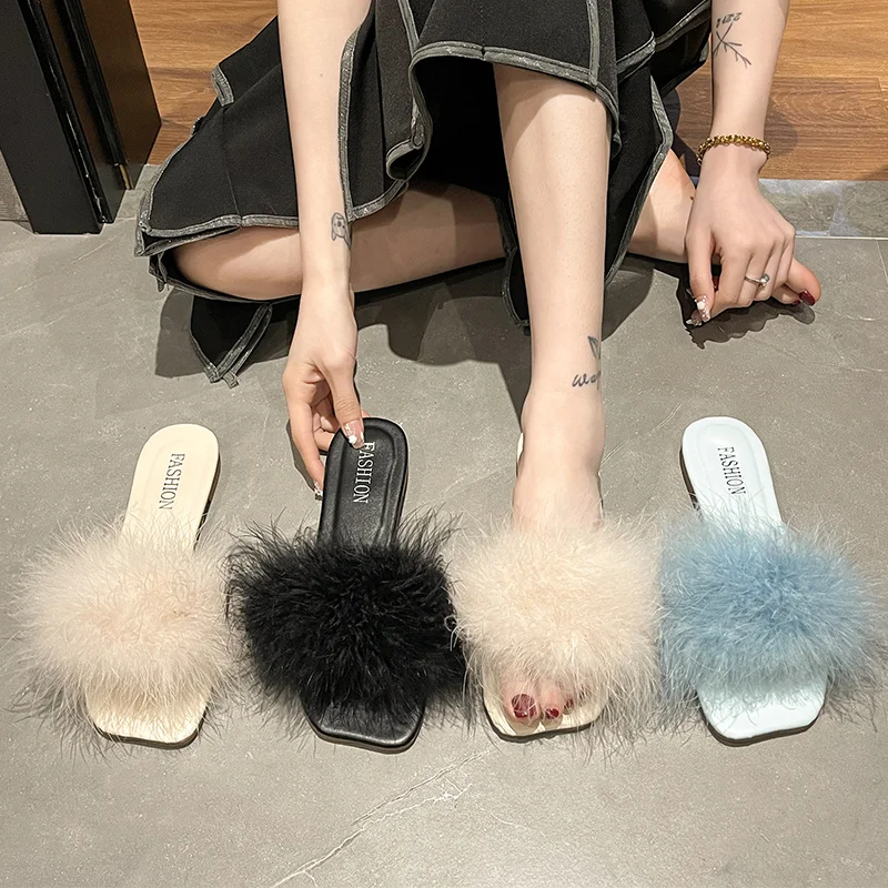 

Shoes Woman's Slippers Heeled Mules Slides Flock Fur Flip Flops 2022 Soft Summer High Flat Plush Rubber Basic Rome Scandals PU