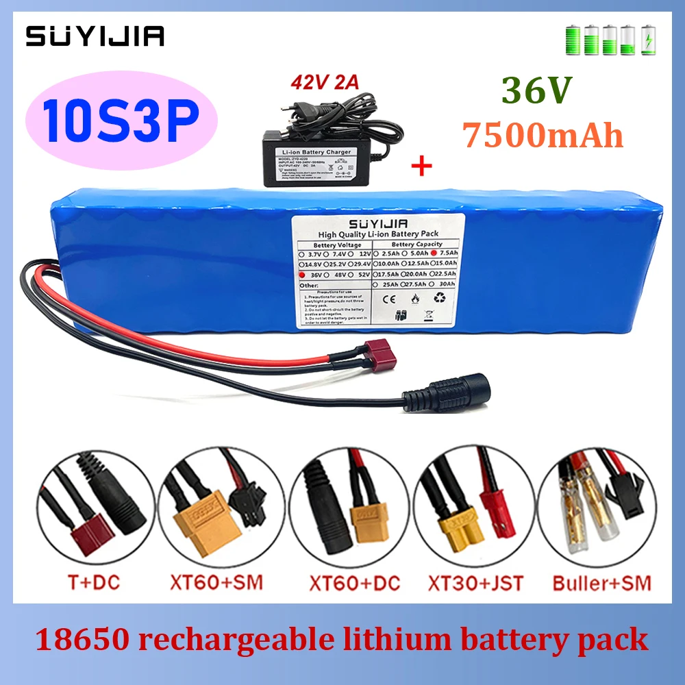 

New 18650 Rechargeable Lithium Battery Pack 10S3P 36V 7.5Ah Built-in BMS 7500mAh Suitable for Electric Bicycle Electric Scooter