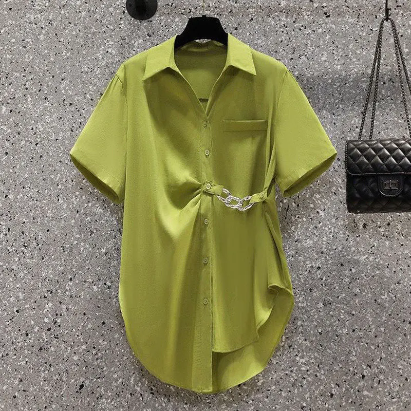 Women's Asymmetric Chain Chic Street Button Up Shirt New Summer Fashion Green Commute Short Sleeve Loose Tunic Top Blouse Blusas