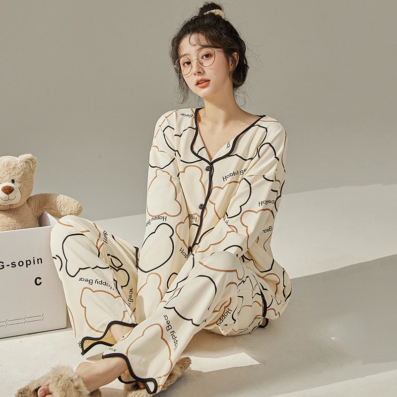 CAIYIER Flower Girls Nightwear Korean Sweet Soft Women Pajamas Set Winter V Neck Cardigan Cute Nightwear Suit Warm Loungewear