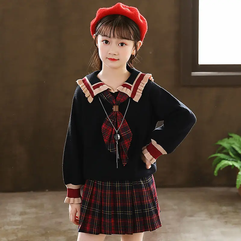 

Teenager Girls Autumn Winter 2022 Kids Sweater Princess japan JK hoodie + checked plaid skirt checked 4 5 6 7 8 9 10 11 year