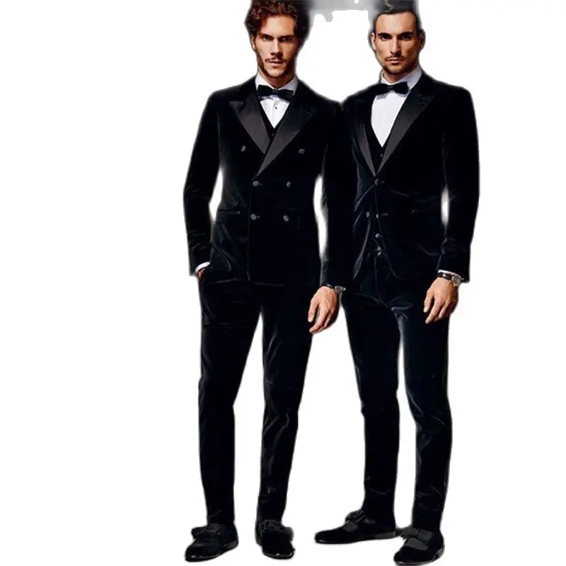 

Mens Suits (Jacket+Pants+vest) Fashionable Double Breasted Bespoke Mens Velvet Wedding Groom Tuxedo Groomsman Best Man terno