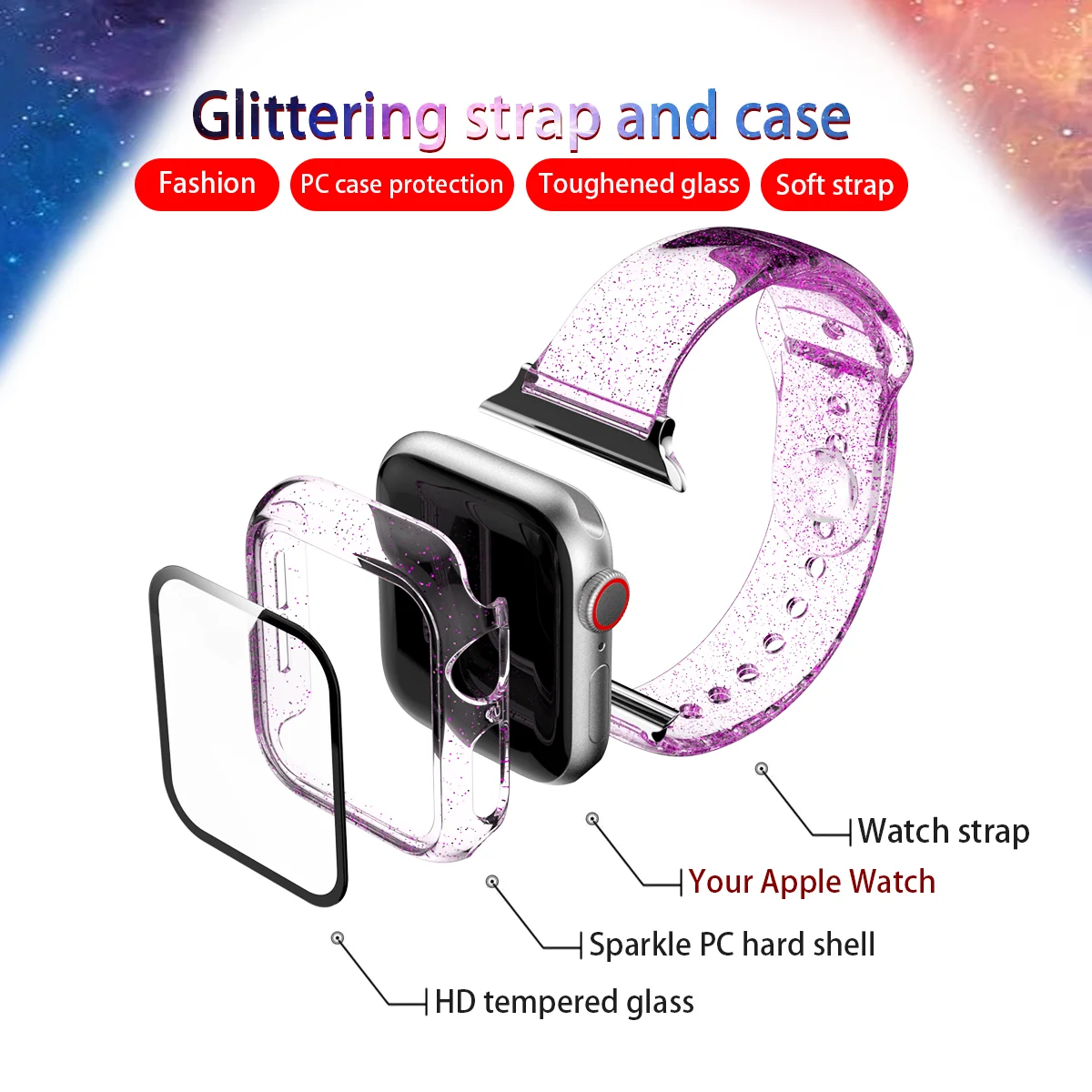 Glitter Strap+Tempered Glass Case For Apple Watch band 42mm 38mm 40mm 44mm Transparent Slim Silicone Bracelet iWatch SE 6 5 4 3