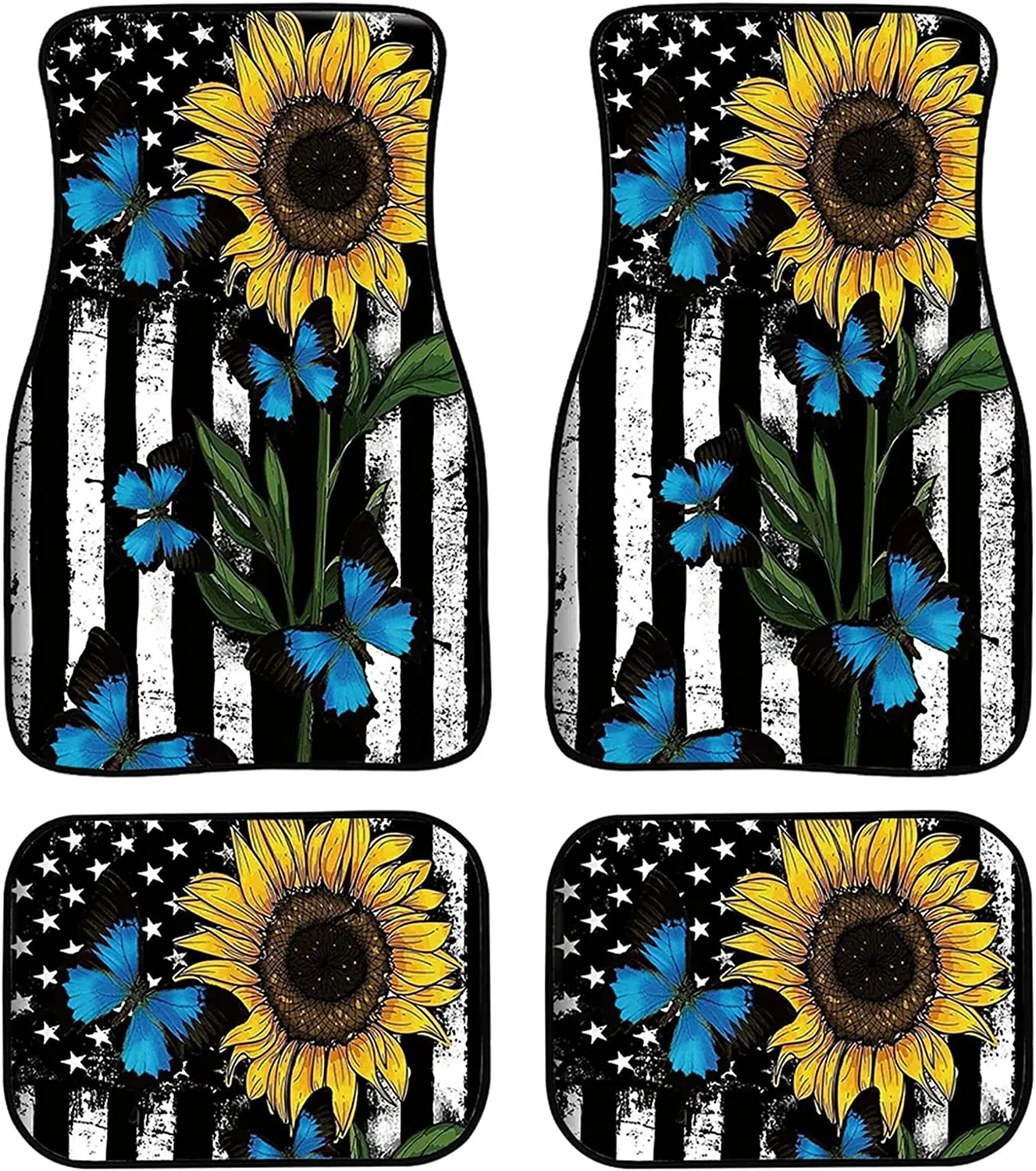 

STUOARTE Flag Sunflower Butterfly Print Fashion Car Floor Mats, 4 Piece Rubber-Lined All-Season Heavy-Duty Vehicle Floor Protect