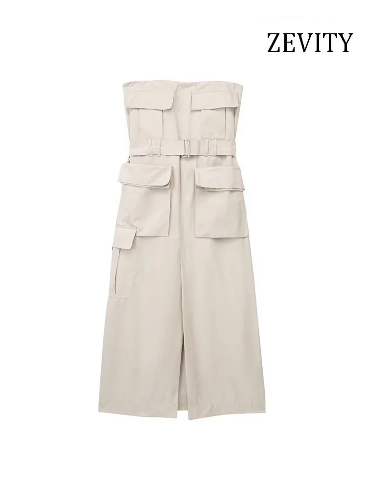 

ZEVITY Women Fashion With Belt Patch Pockets Midi Dress Sexy Strapless Straight Neck Female Dresses Vestidos Mujer DS989