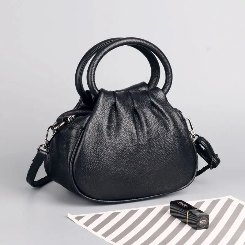 Leather Pleated Women's Bag Round Handle 2022 New Vintage Cow Leather Handbag Casual Simple Versatile Women's Crossbody Bag