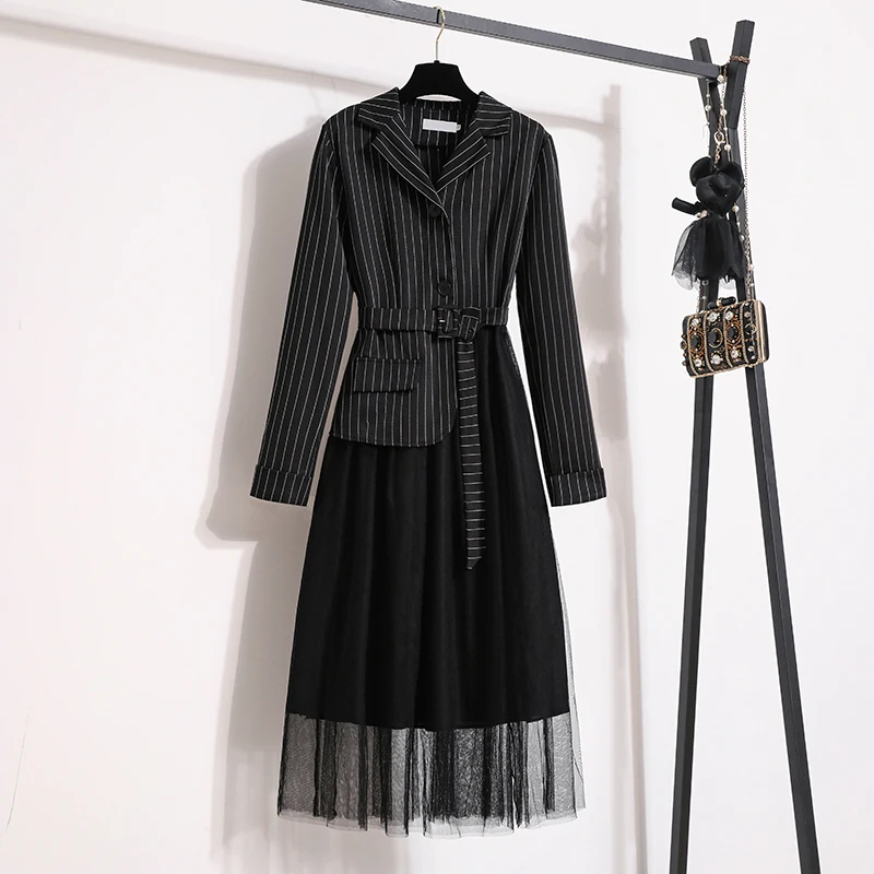 

Casual Women's Spring Autumn Loose Coat Notched Patchwork Mesh Slim Waist Female Lace-Up Striped Long Blazer