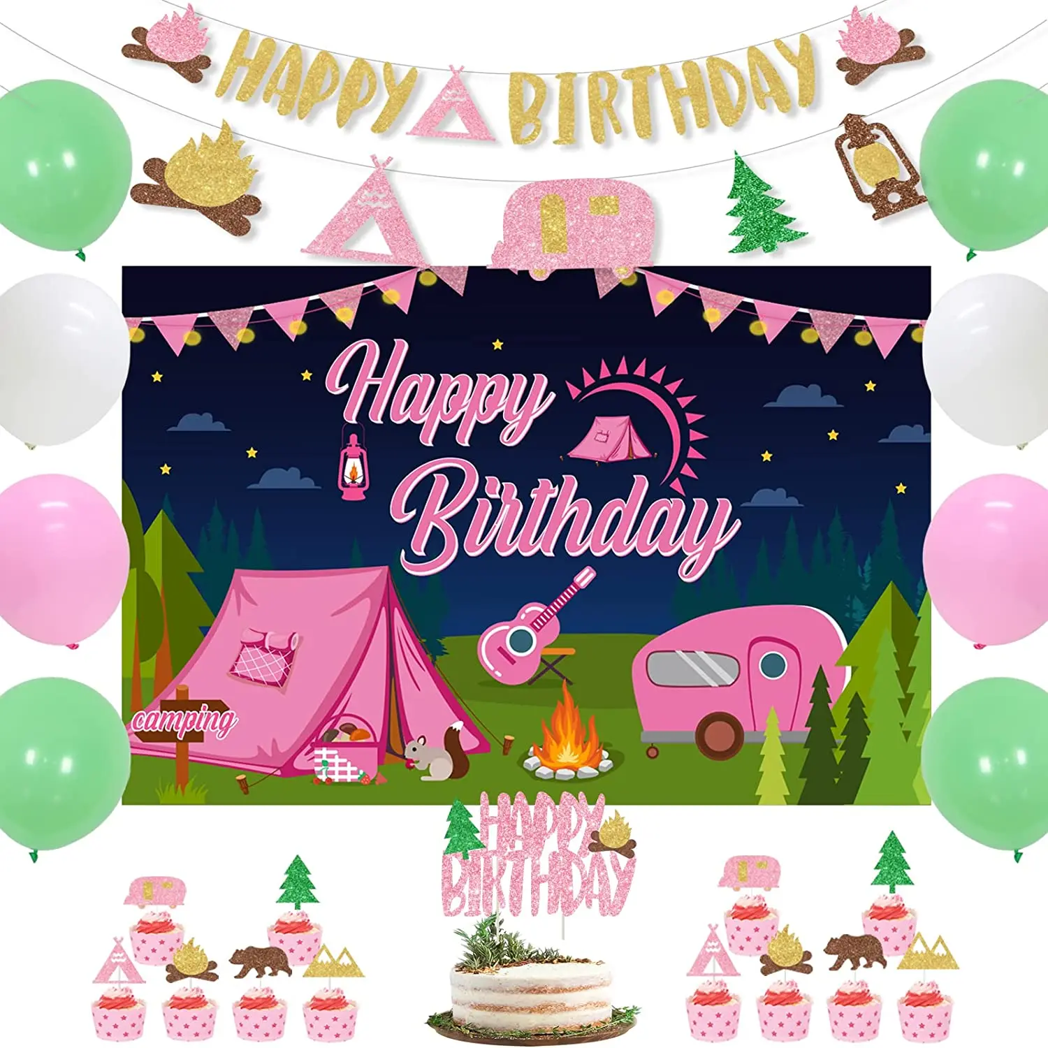 

Camping Party Decorations Girl Pink Happy Birthday Camper Backdrop Banner Balloons Cake Toppers for Adventure Birthday Supplies