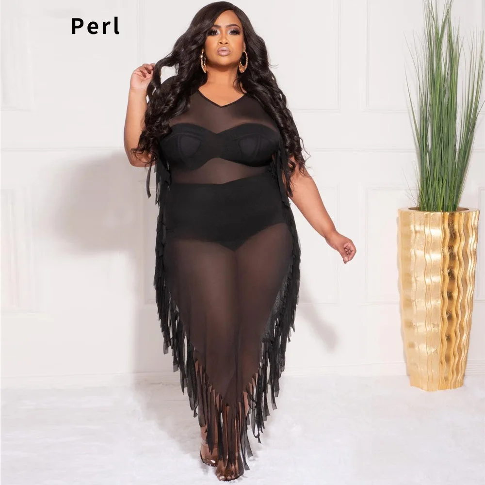 

Perl Short Sleeve Mesh Plus Size Dress Perspective Sexy V-Shaped Fringe Long Skirt Vestidos De Verano Mujer 2022 Club Wear