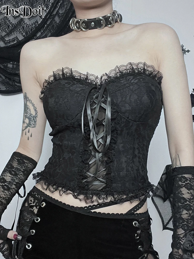 

InsDoit Gothic Lace Up Corset Tube Crop Tops Women' Sexy Emo Mall Sleeveless Bandage Strapless E Girl Hippie Party Grunge Tops