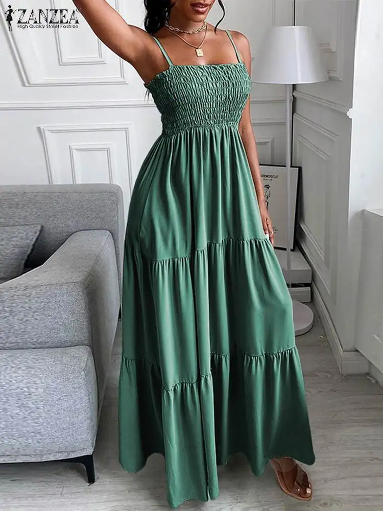 

ZANZEA Elegant Women Ruffles Dresses Oversized 2022 Summer Strap Sleeveless Holiday Vestidos Casual Solid A Line Party Robes