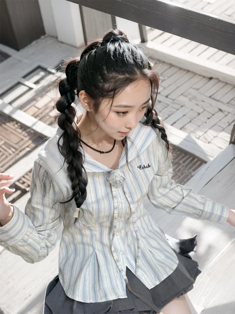 Zoki полосатые рубашки с матросским воротником женские корейские тонкие блузки