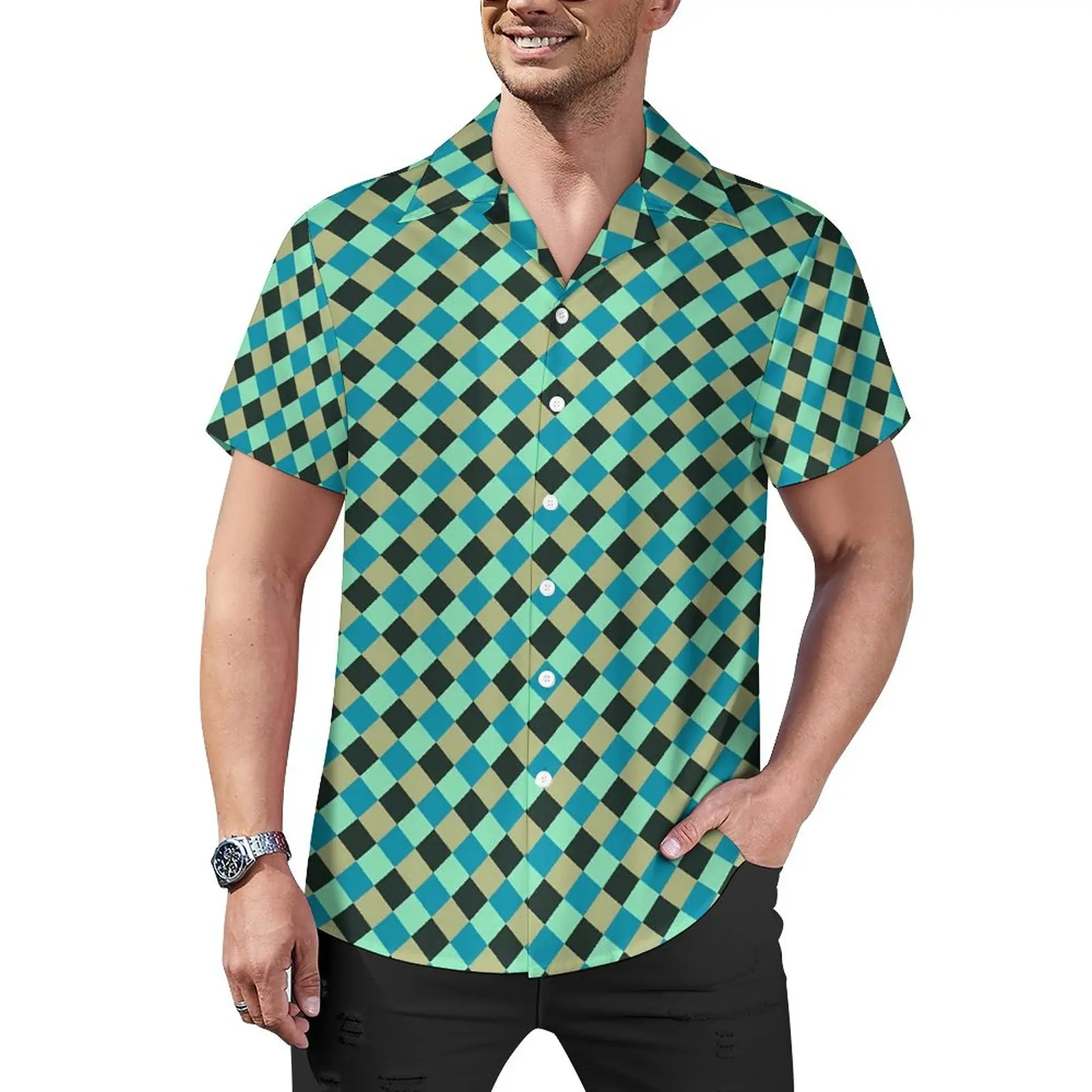 

Повседневная рубашка в стиле ретро, зеленая и синяя свободная рубашка в шахматную клетку для отпуска, Гавайские блузки Y2K с коротким рукавом, топ оверсайз с графическим принтом