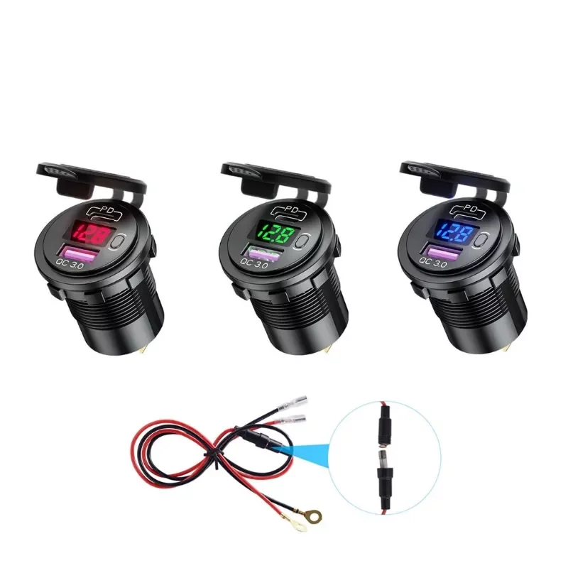 

Waterproof Type C PD QC3.0 USB 12V Automobile Fast Car Charger with LED Voltmeter On Off Switch Cable for Truck Motorcycles Mari