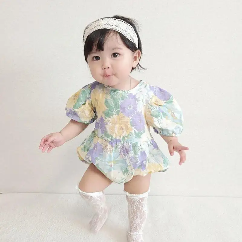 

Fashion Flower Print Baby Girl Short Sleeve Bodysuit Cotton Princess Clothing 2022 Summer New Infant Jumpsuit Baby Girl Clothes