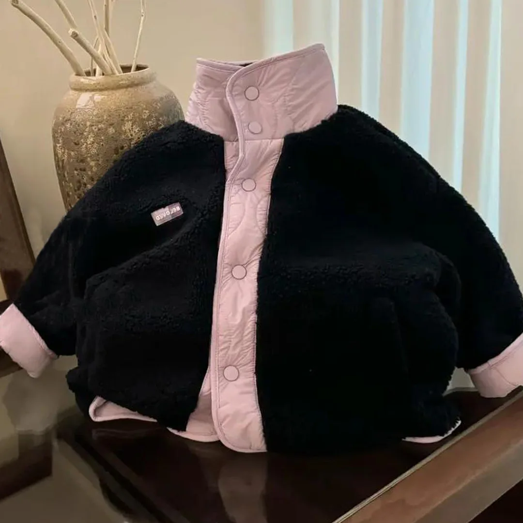 Детское двустороннее пальто на осень и зиму для девочек утепленная бархатная