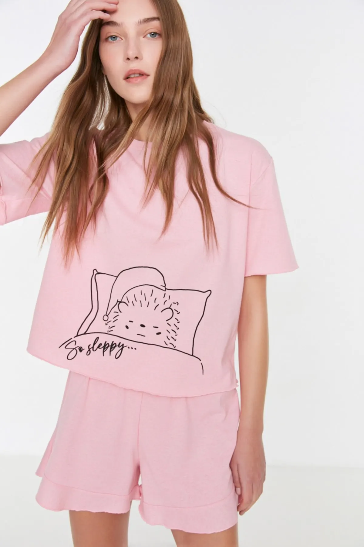 

Женская пижама, Розовая Трикотажная пижама с принтом для сна и отдыха, одежда для сна, одежда для сна, Ночной костюм, повседневная домашняя о...