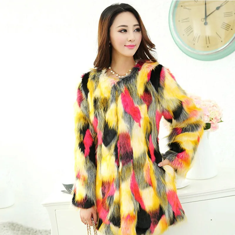 Winter Fashion Warm Multicolor Jacquard Medium Long Women Faux Fur Coat