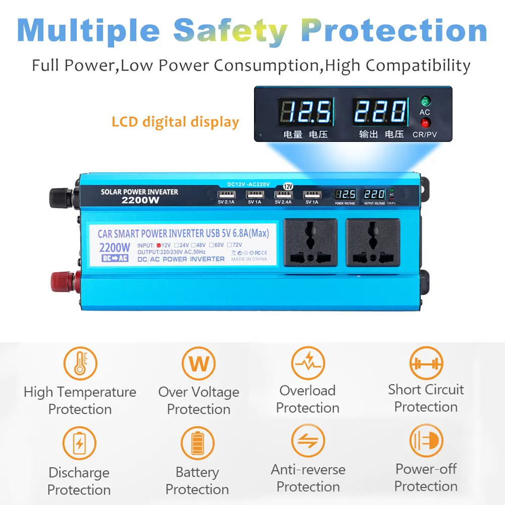 

1200/1600/2200W Car Inverter DC 12V/24V/48V To AC220V Voltage Convertor Transformer Solar Double LCD Display 4USB Power Inverter
