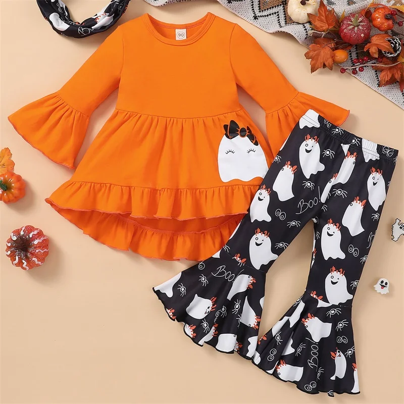 

Halloween 1-5Y Toddler Girl Clothes Sets Long Sleeve Tops Cartoon Ghost Spider Print Flare Pants Scarf Set Fall Outfit