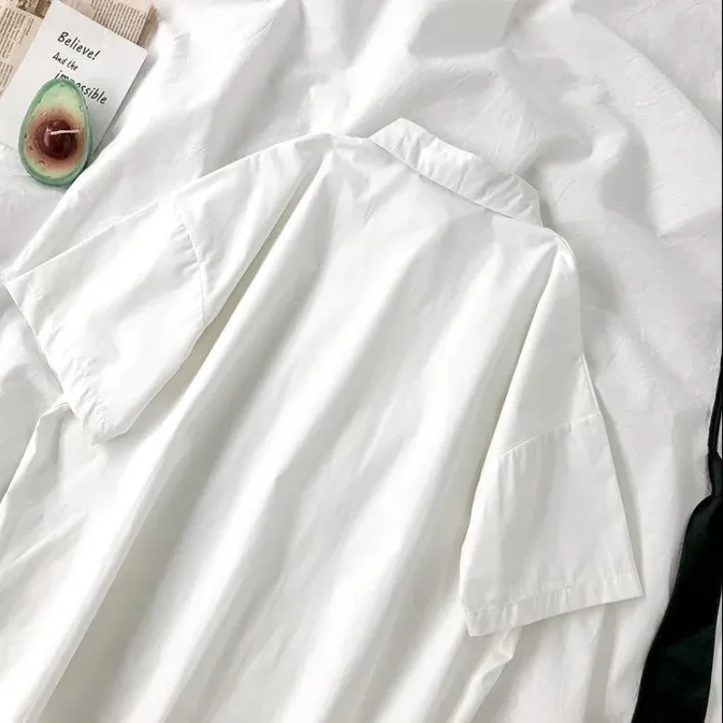 LQ-SONGYI White Shirts Women with Tie Japanese Style Preppy Students BF Oversized Blouse Simple Solid Loose Summer Top  L3204