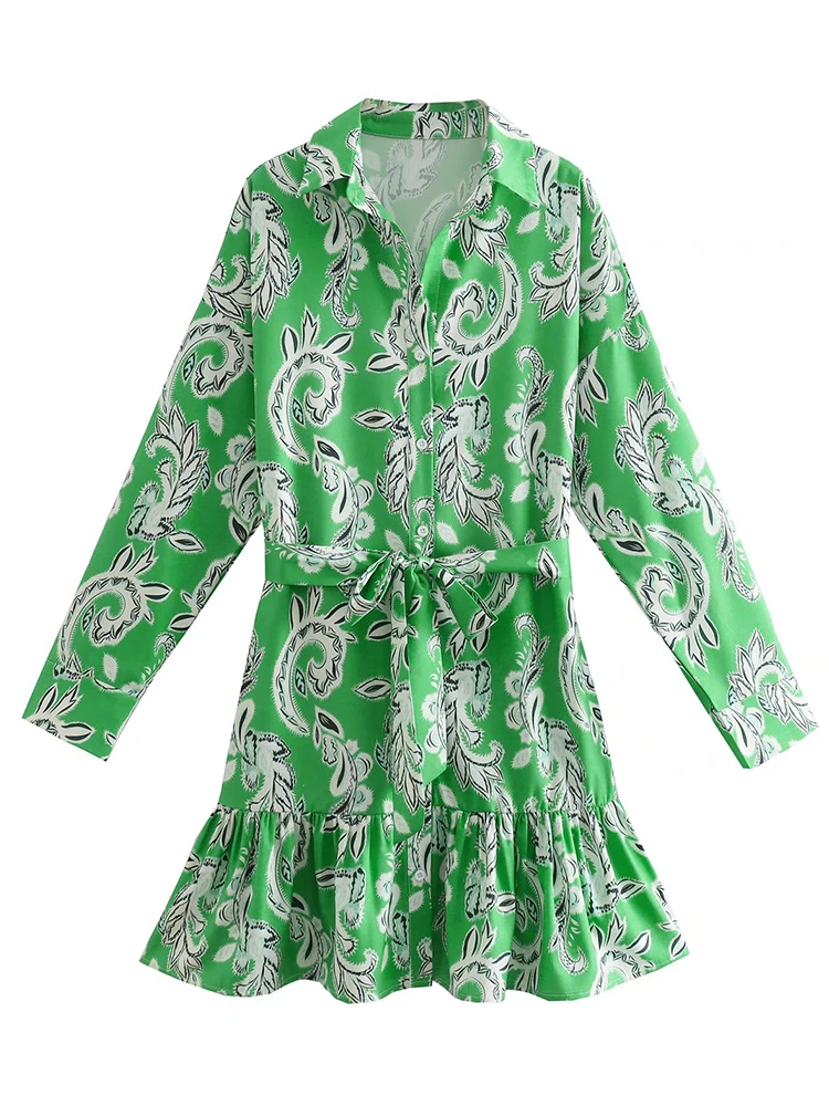 

Модное женское платье-рубашка с винтажным принтом YENKYE 2022, женское Повседневное платье с длинным рукавом и поясом, короткое платье