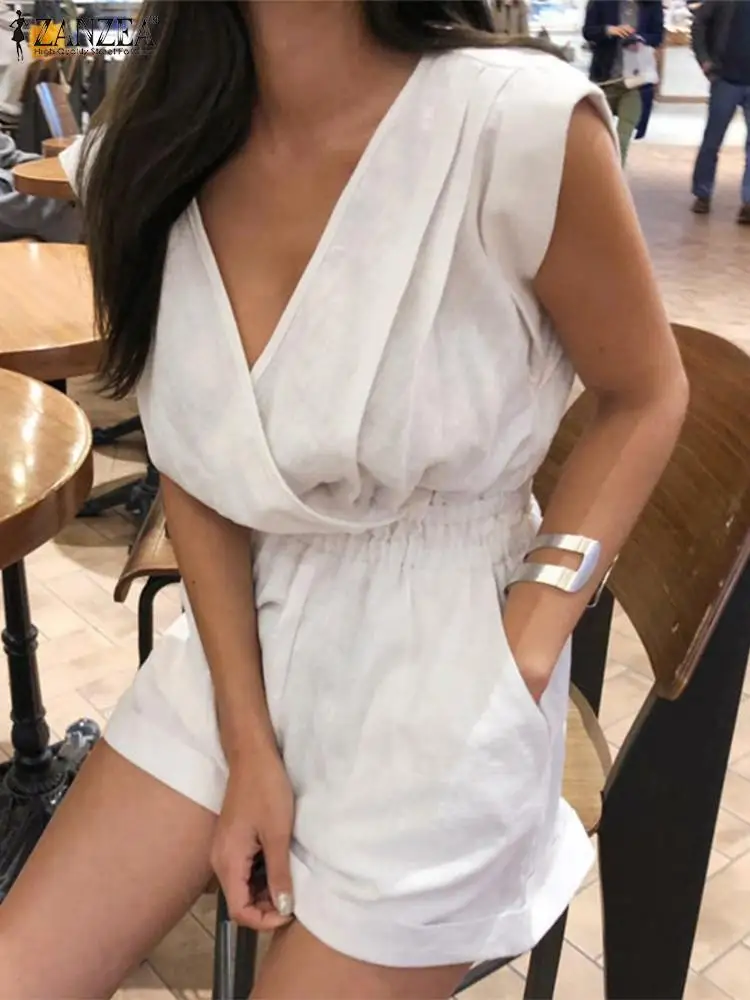 

Fashion Solid Rompers Women Summer Jumpsuit ZANZEA 2022 Casual V-Neck Sleeveless Playsuits Female Lace-Up Pants Oversized