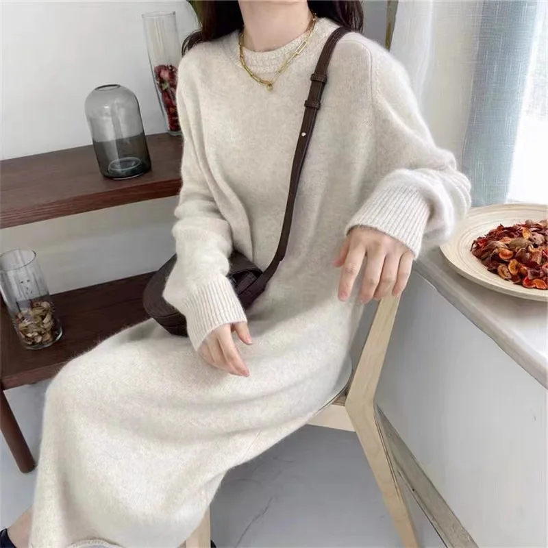 

Женский длинный кашемировый пуловер, свободный однотонный трикотажный свитер с круглым вырезом и длинным рукавом, Осень-Зима 100%