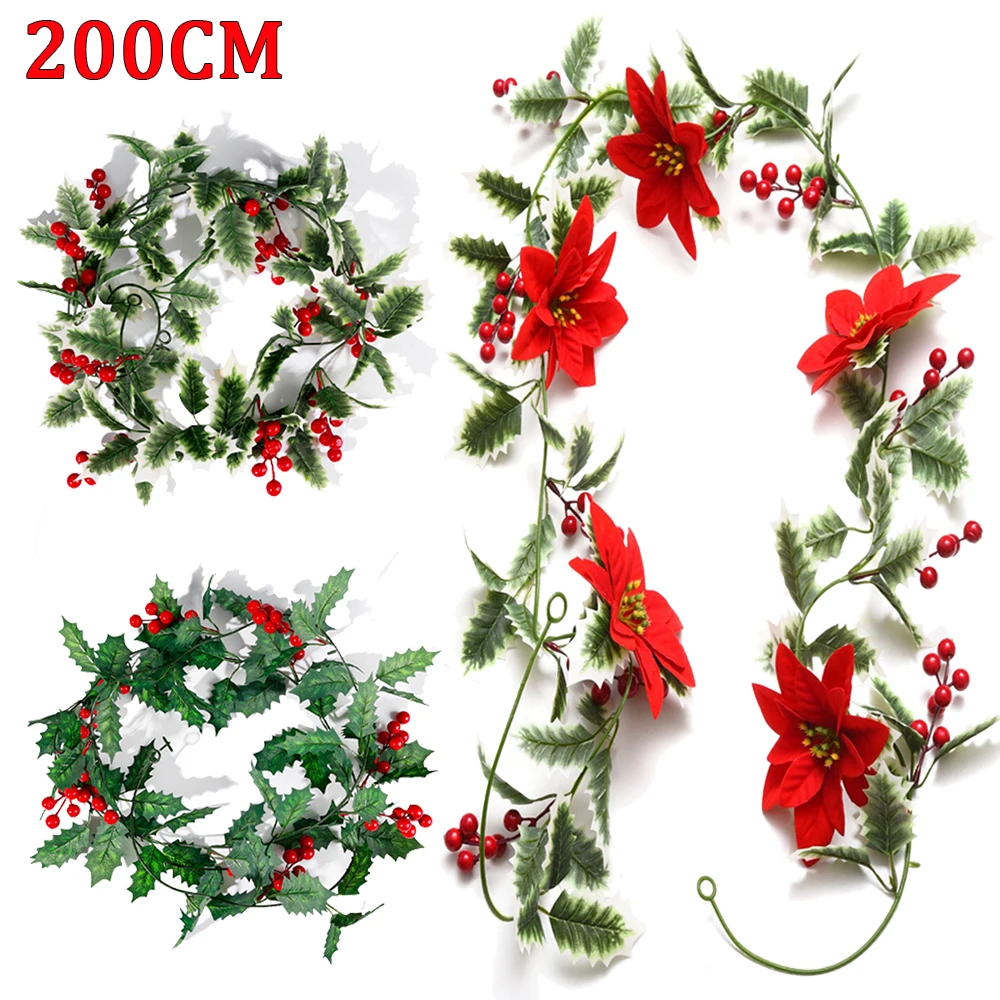 

2M Artificial Holly Leaves Red Berries Vine Christmas Rattan DIY Garland Xmas Tree Hanging Ornaments Home Party Decoration Plant
