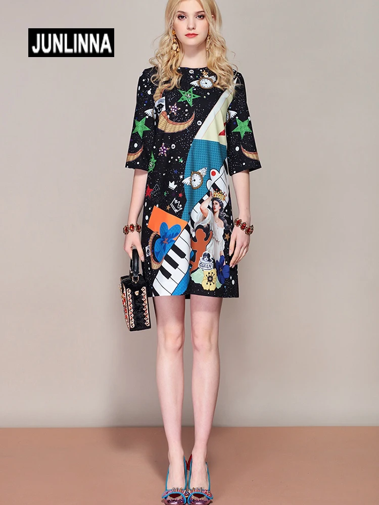 

JUNLINNA Fashion Vintage Printing Dresses Women Spring Summer O-Neck Short Sleeve Loose Waist Beading Vestidos A