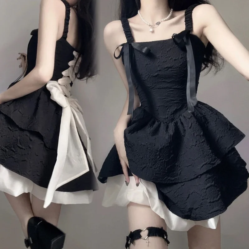 

Bowknot Suspender Dress Waist Cake Puffy Skirt Princess Skirt Holiday French Black Dress for Women