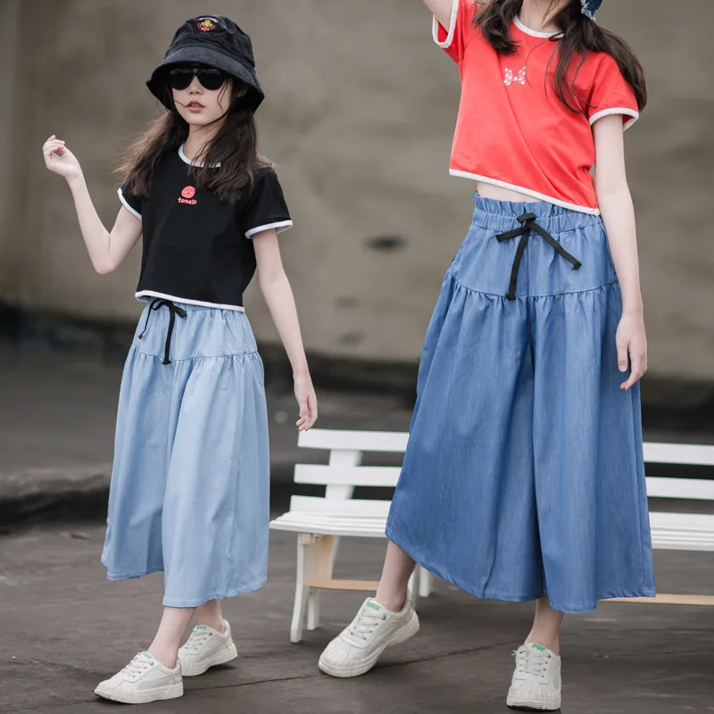 

4 To 16 Y,Kids Denim Pants Bow Girls Jeans Casual 2022 New Children Summer Clothes Thin Wide Leg Pants Loose Ankle Lenth A536