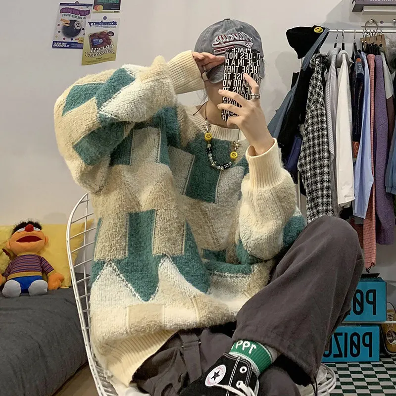 Японский модный рождественский свитер контрастного цвета в стиле ретро мужской