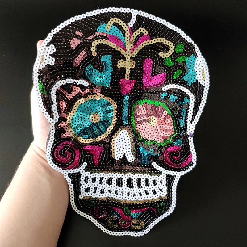 

Diy Large Patch Skull Head Sequins Deal with It T-shirt Girls Biker Patches for Clothes Punk Stickers Clothing Women Shirt Top