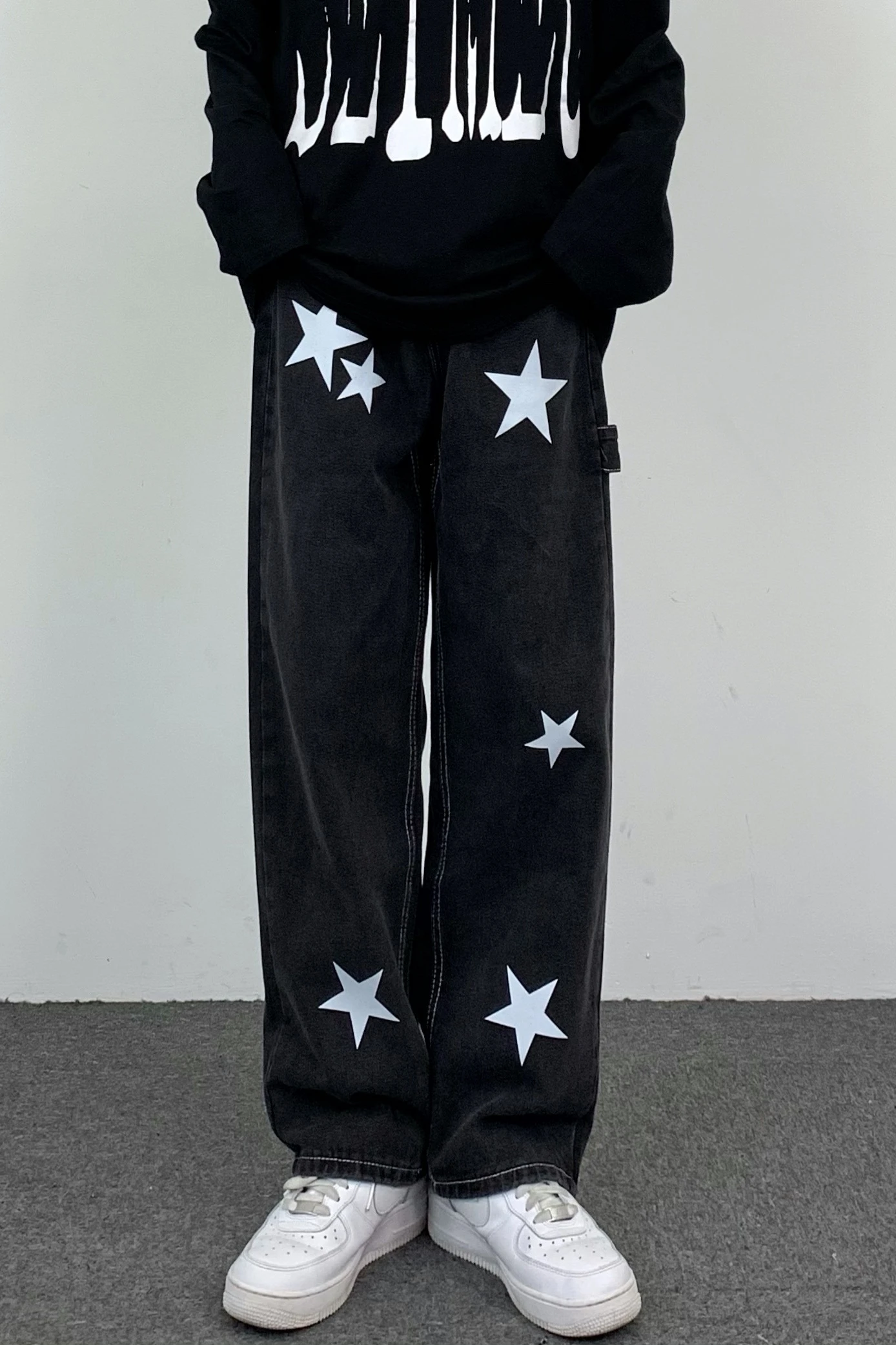 Four Seasons Men's Jeans Hip Hop Retro Pentagram Pattern Straight Loose Wide Leg Pants Loose Pants Ladies Y2k Jeans Ins Hot Sale