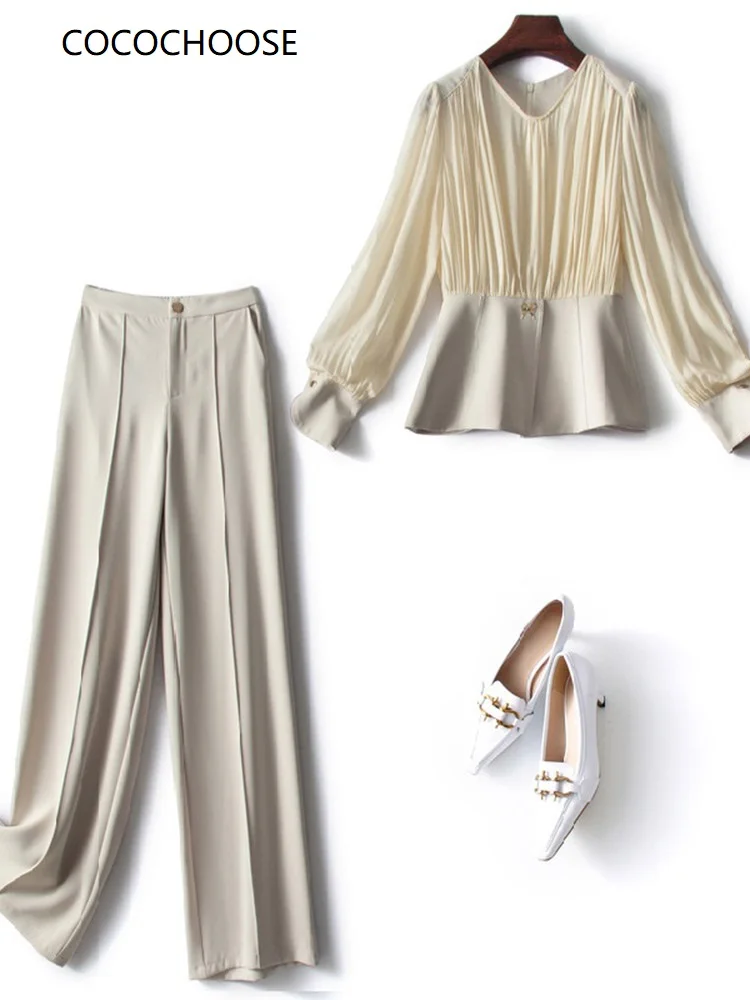 

Office Wear Chiffon Blouses Top And Pants Set 2 Piece Outfits Autumn 2022 Fashion Elegant Work Business Women Trousers Suit Blue