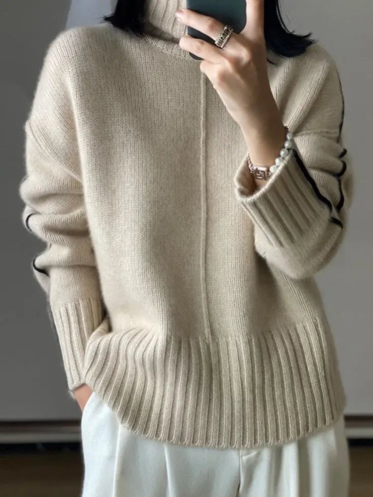 Autumn Winter New 100%Cashmere Wool Turtleneck Sweater Women Loose Thick Soft Warm Color Matching Knitted Bottoming Shirt Female