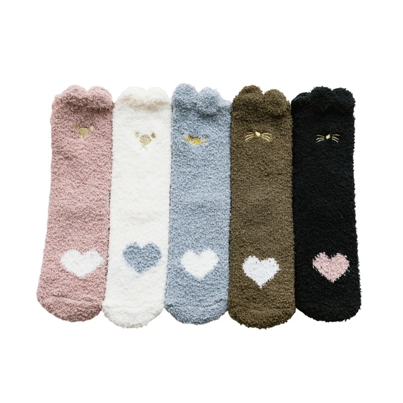 

5 Pairs Women Coral Velvet Fuzzy Slipper Socks Cute Meow for CAT Embroidery Heart Paw Patterns Fluffy Warm Sleeping Hosi 37JB