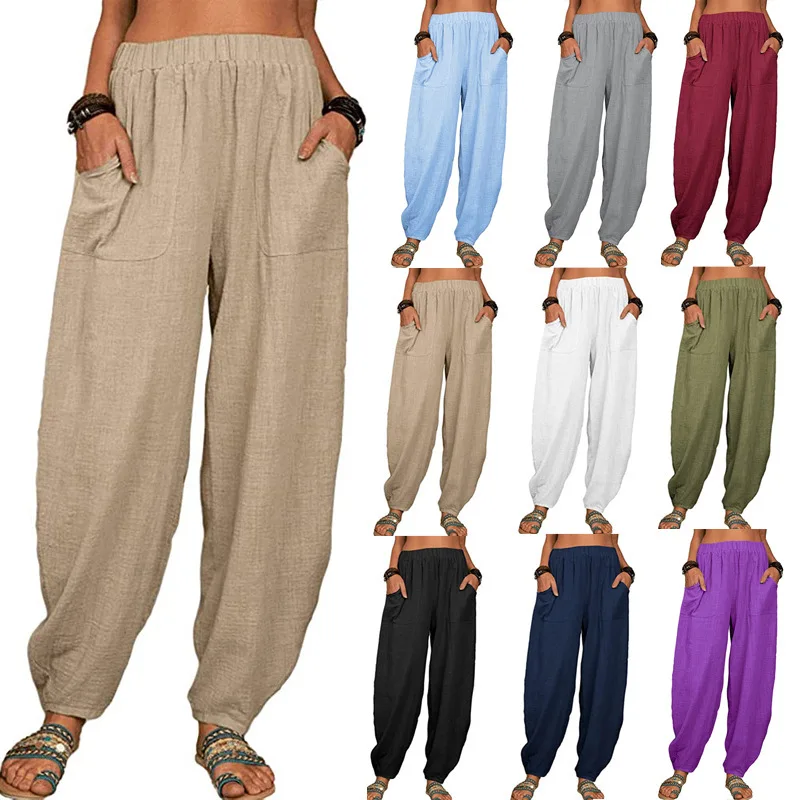 Women Harem Pants Summer Casual Vintage Cotton Linen Pants Elastic Waist Wide Leg Fashion Loose Pockets Female Trousers S-5XL