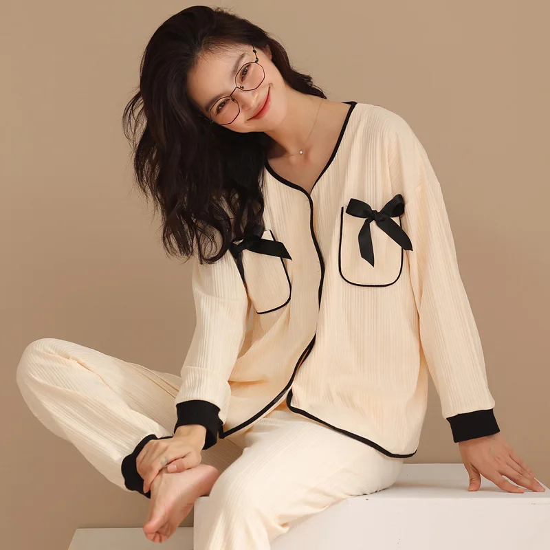 100% Cotton Pajamas for Worment Long Sleeve Top and Pants Set Sleepwear Comfortable Nightwear Female Homewear Loungewear