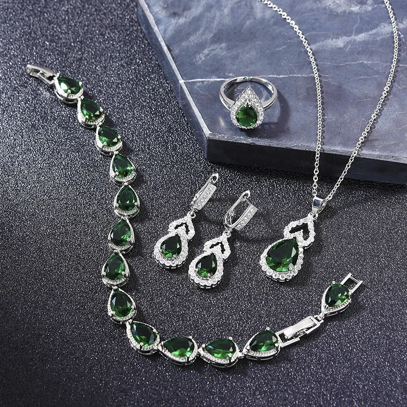 

Green Crystal Women Jewelry Set 925 Silver Necklace Earrings Ring Pendant Bracelets Fashion Bridal Jewellry Gift Free Shipping