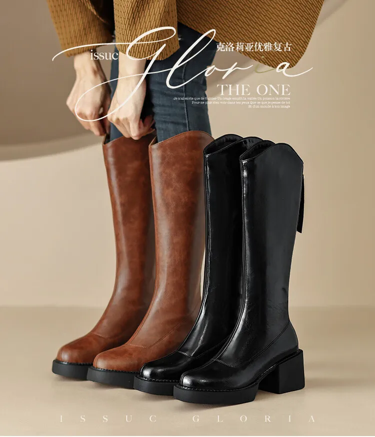 Autumn and Winter Full Leather High Tube Plush Single Lining Leather Boots with Zipper for Women's Boots Brown Long Boots