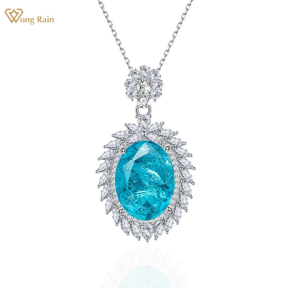 

Wong Rain Vintage 925 Sterling Silver Oval 11CT Paraiba Tourmaline Emerald Gemstone Necklace Pendant Jewelry Anniversary Gifts